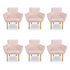 Kit 6 Poltronas Decorativa Leticia Suede Rosa Bebê Pés Palito Castanho - Pallazio
