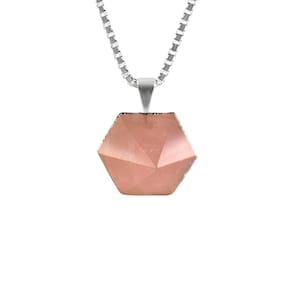 Colar 50Cm Prata 925 Quartzo Rosa Hexagonal Semi-Lapidado