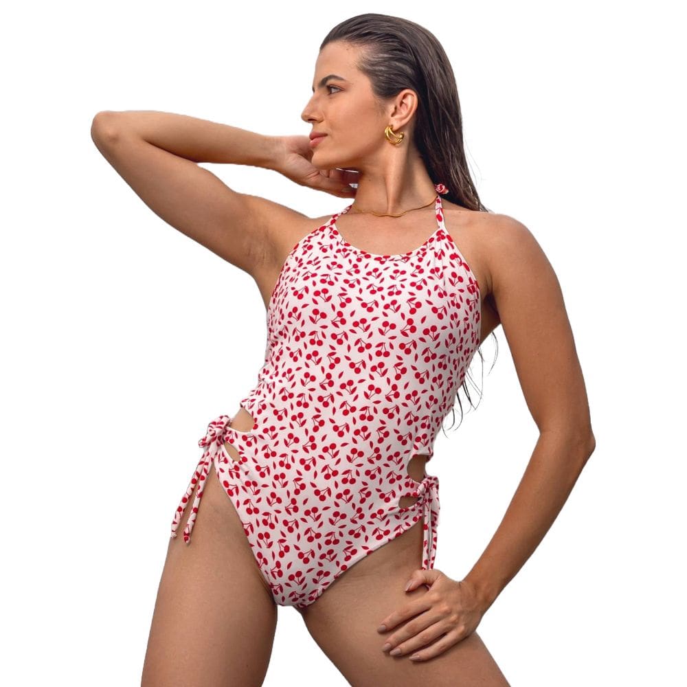 Maiô Estampado Bojo Nao Removivel Lycra Amarração Detalhe Abertura Lateral Calcinha Hot Pants