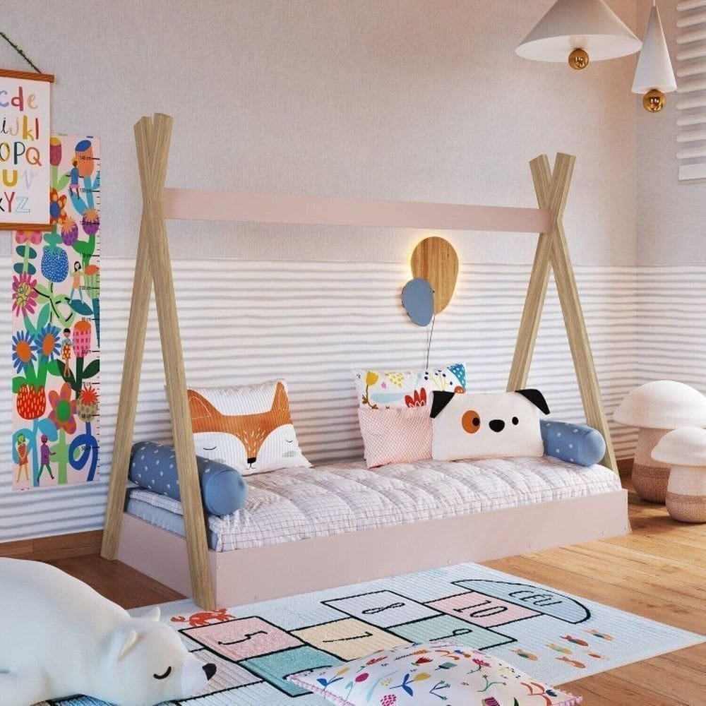 Cama Infantil Cabana Solteiro com Colchão Itapuã/Rosa