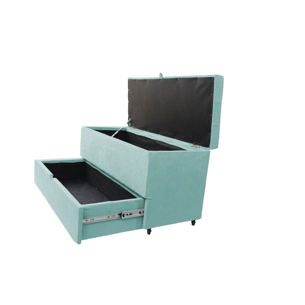 Recamier Puff Baú Sapateira E Gaveta 90 Cm Para Cama De Solteiro- Azul Tiffany