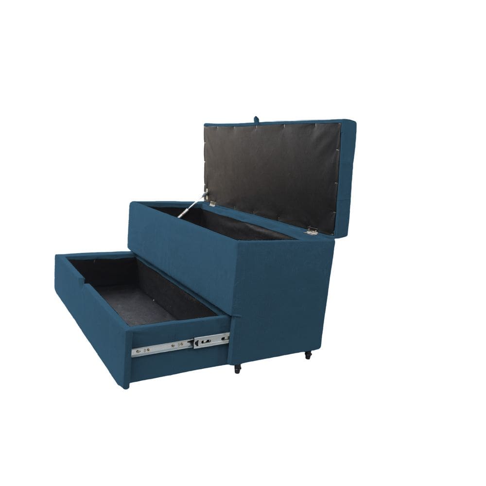 Recamier Puff Baú Sapateira E Gaveta 90 Cm Para Cama De Solteiro- Azul Aço