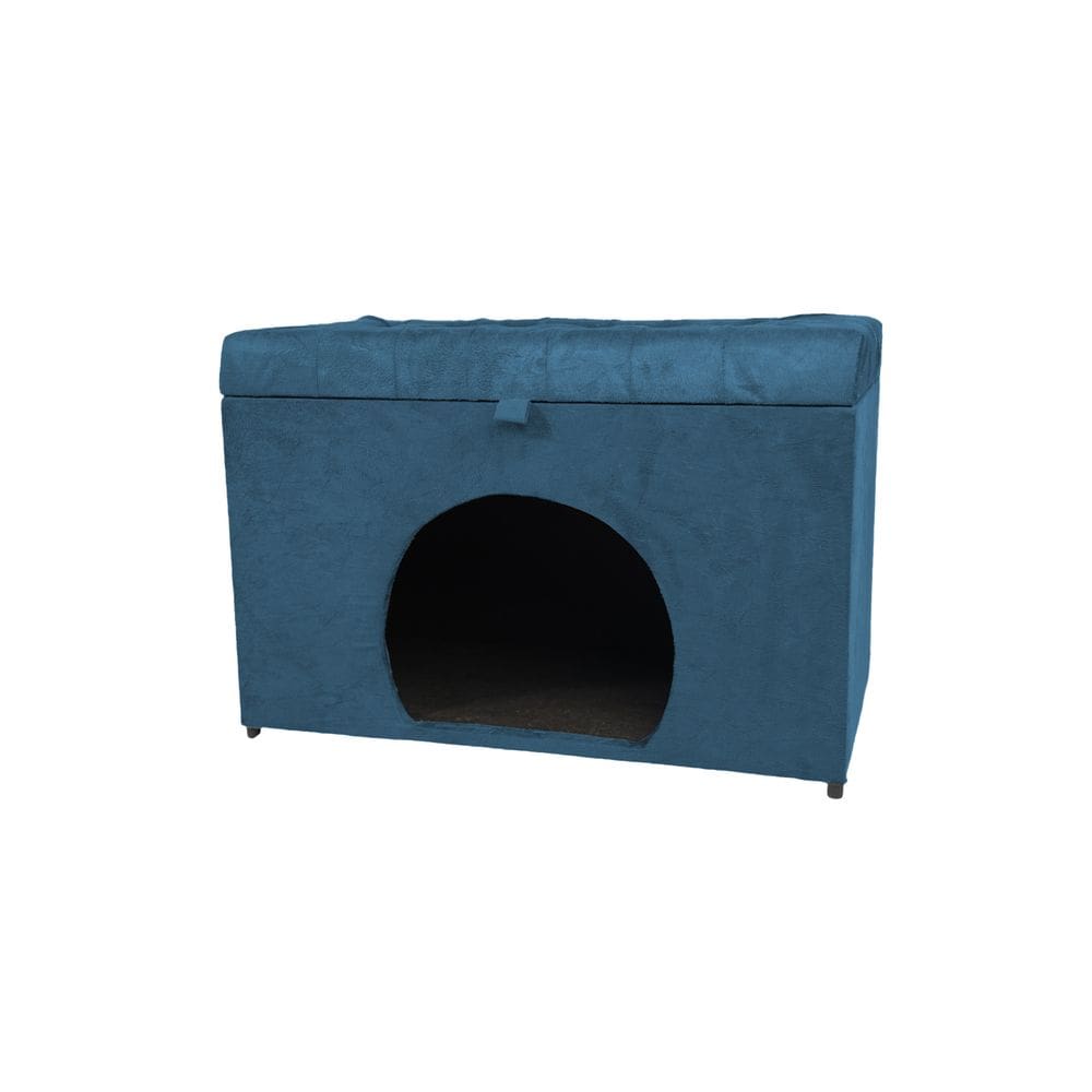Puff Baú Pet Casa P/ Cachorros E Gatos Em Suede - Azul Aço