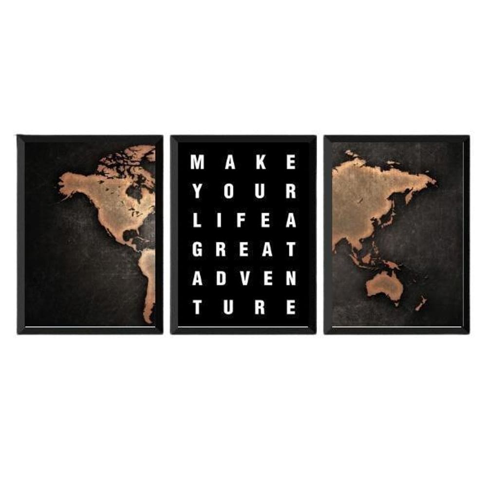 Kit 3 Quadros Mapa Adventure Life 45X34Cm - Madeira Preta