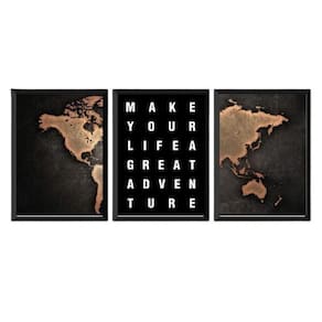 Kit 3 Quadros Mapa Adventure Life 45X34Cm - Madeira Preta