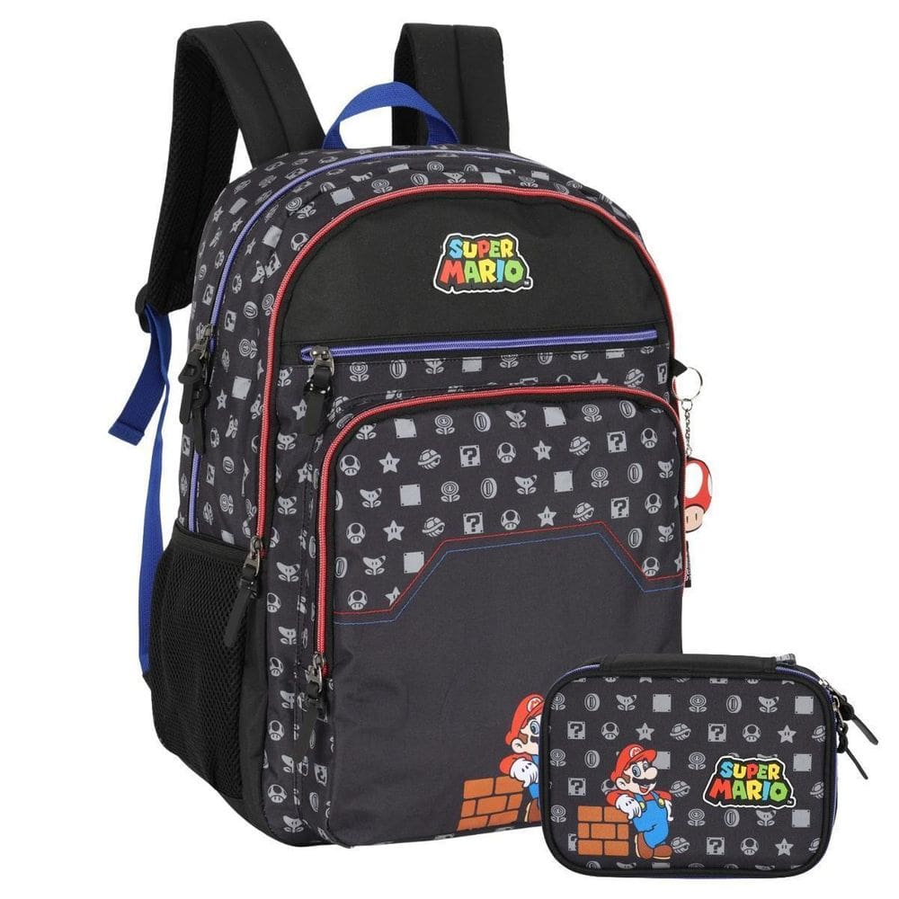 Kit Mochila Costas Super Mario Bros Escolar Estojo - Preto