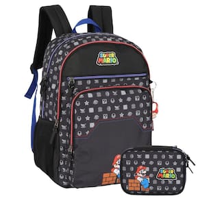 Kit Mochila Costas Super Mario Bros Escolar Estojo - Preto