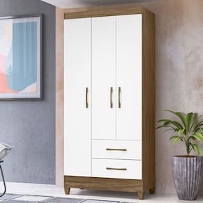 Guarda-roupa Solteiro 3 Portas 2 Gavetas e Pés Lima Naturale/Branco