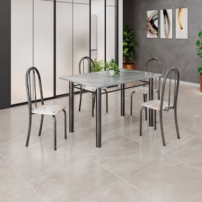 Conjunto de Mesa Tubular 120x75cm Tampo em Granito Topázio com 4 Cadeiras Iris Bege / Prata