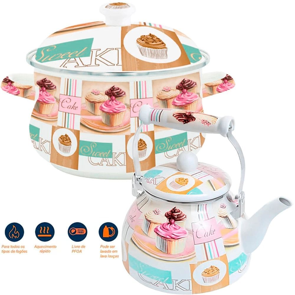 Kit Panela Caçarola Chaleira Cake Esmaltados Indução Vintage