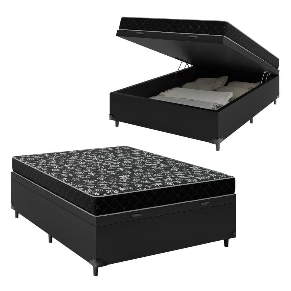 Cama Box Baú Viúva 128 Tecido Sintético Preto Com Colchão Espuma D20 - Tampo Preto Bello Box 12cm