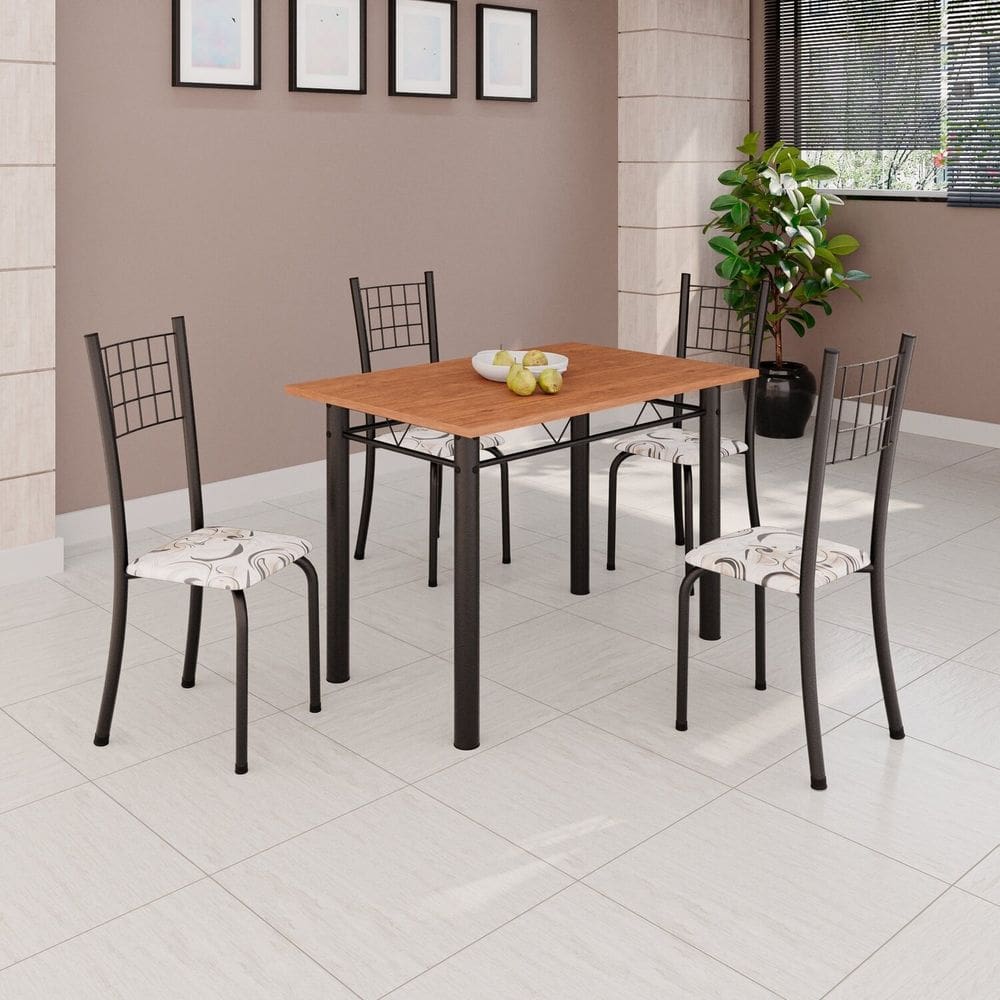 Conjunto de Mesa Tubular 100x60cm Tampo em Mdf e 4 Cadeiras Dany Arabesco/Preto