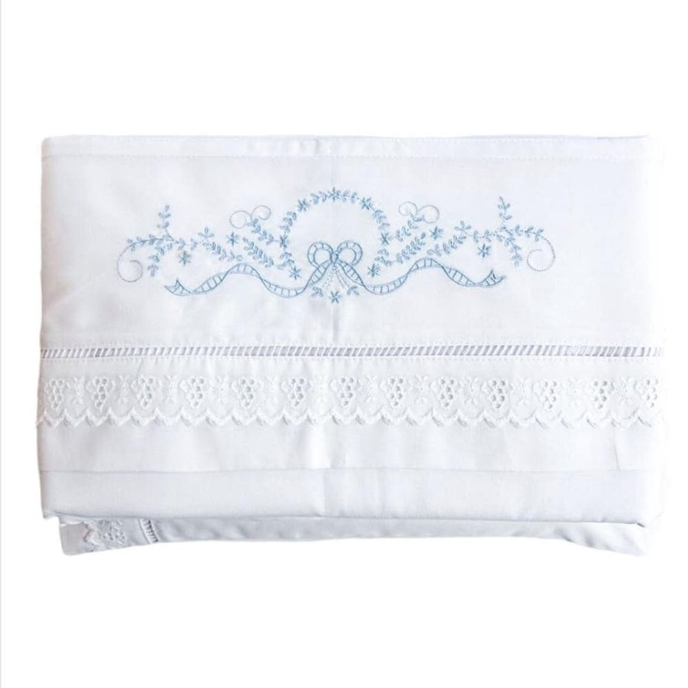 Lençol Berço 3 peças Ponto Palito Bordado - Azul