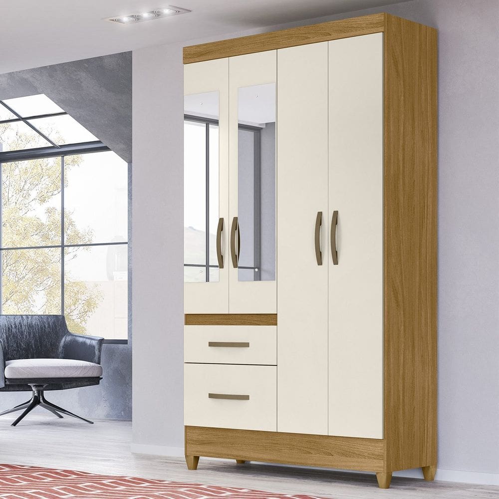 Guarda-roupa Solteiro com Espelhos 4 Portas 2 Gavetas e Pés Madri Freijó/Off