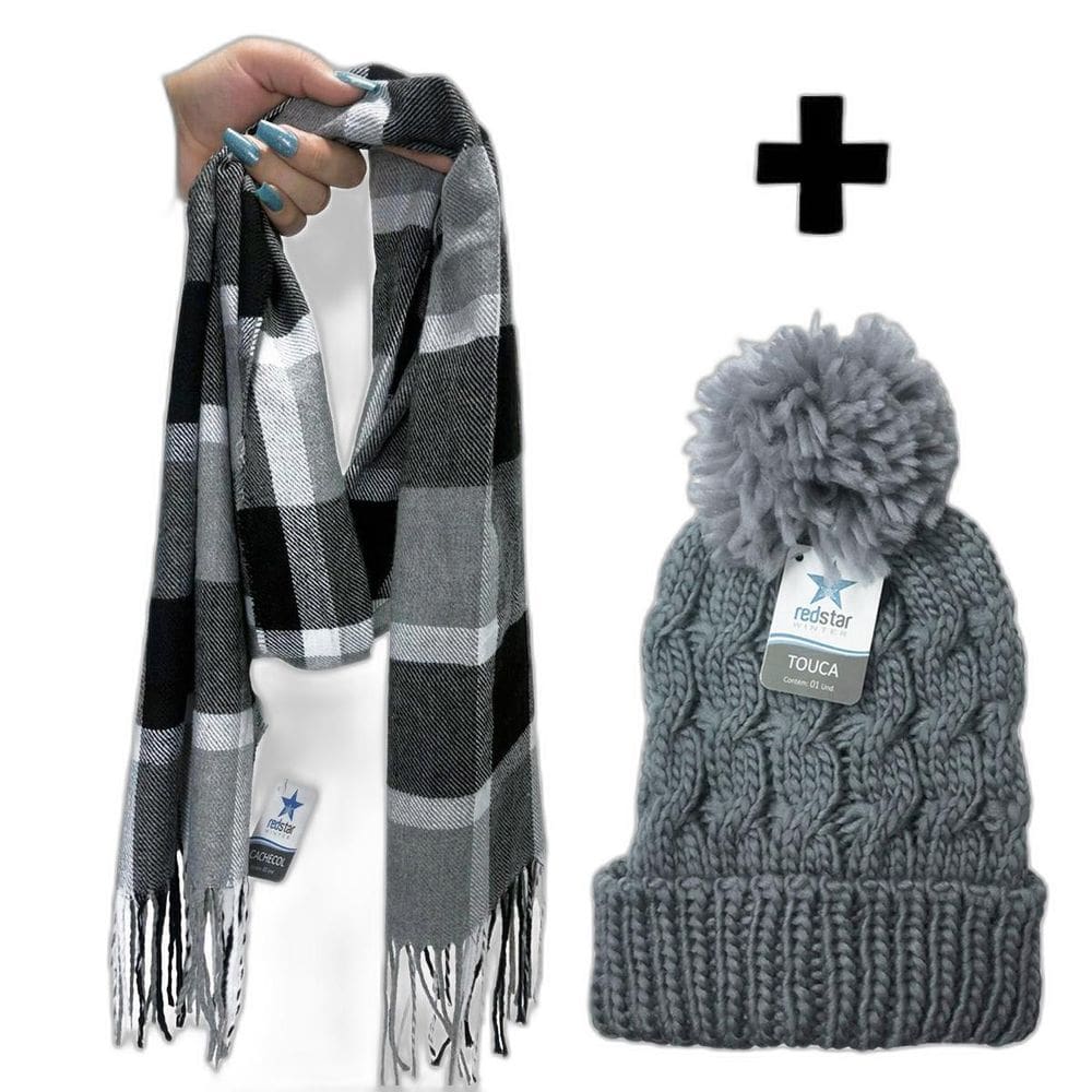 Kit Inverno Feminina Cachecol Xadrez E Touca Pompom