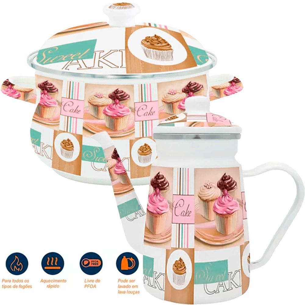 Kit Panela Caçarola Bule Cake Esmaltados Com Indução Vintage
