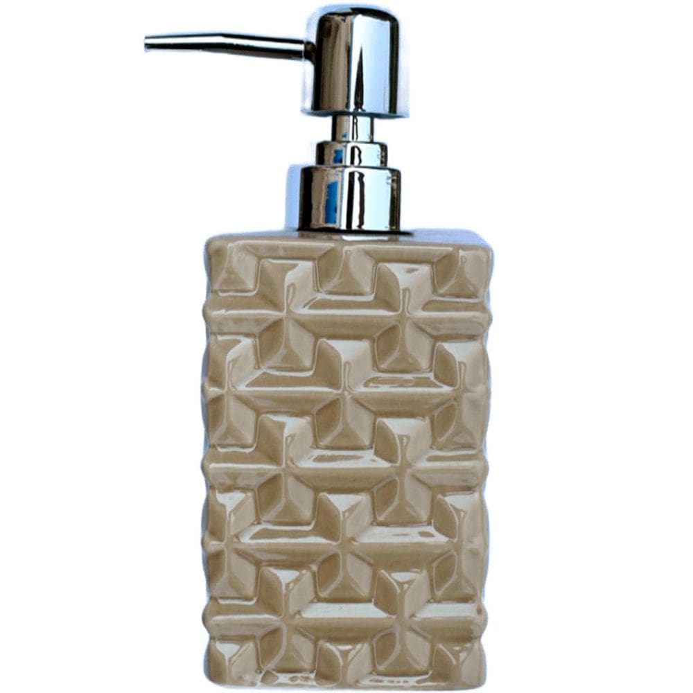 Saboneteira Liquida Banheiro Cerâmica Bege E Prata De 350ml