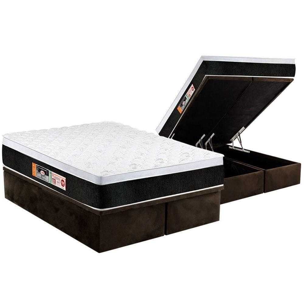 Cama Box Baú Queen: Colchão Espuma D45 Castor Black E White Air Euro Pillow + Base Brown(158X198)