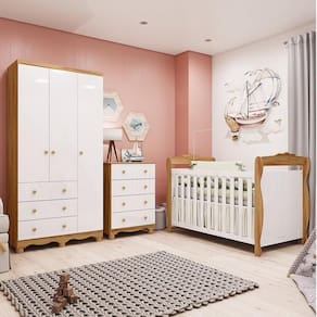 Quarto de Bebê Completo com Guarda-roupa 3 Portas e Cômoda e Berço Nina 100% Mdf Espresso Móveis Branco Brilho/Amêndoa