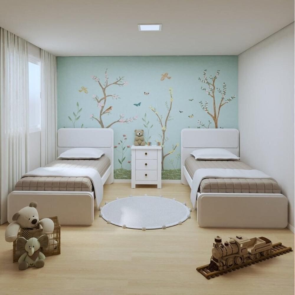 Quarto Infantil com 2 Camas de Solteiro Loop e 1 Mesa de Cabeceira Maggiore Branco