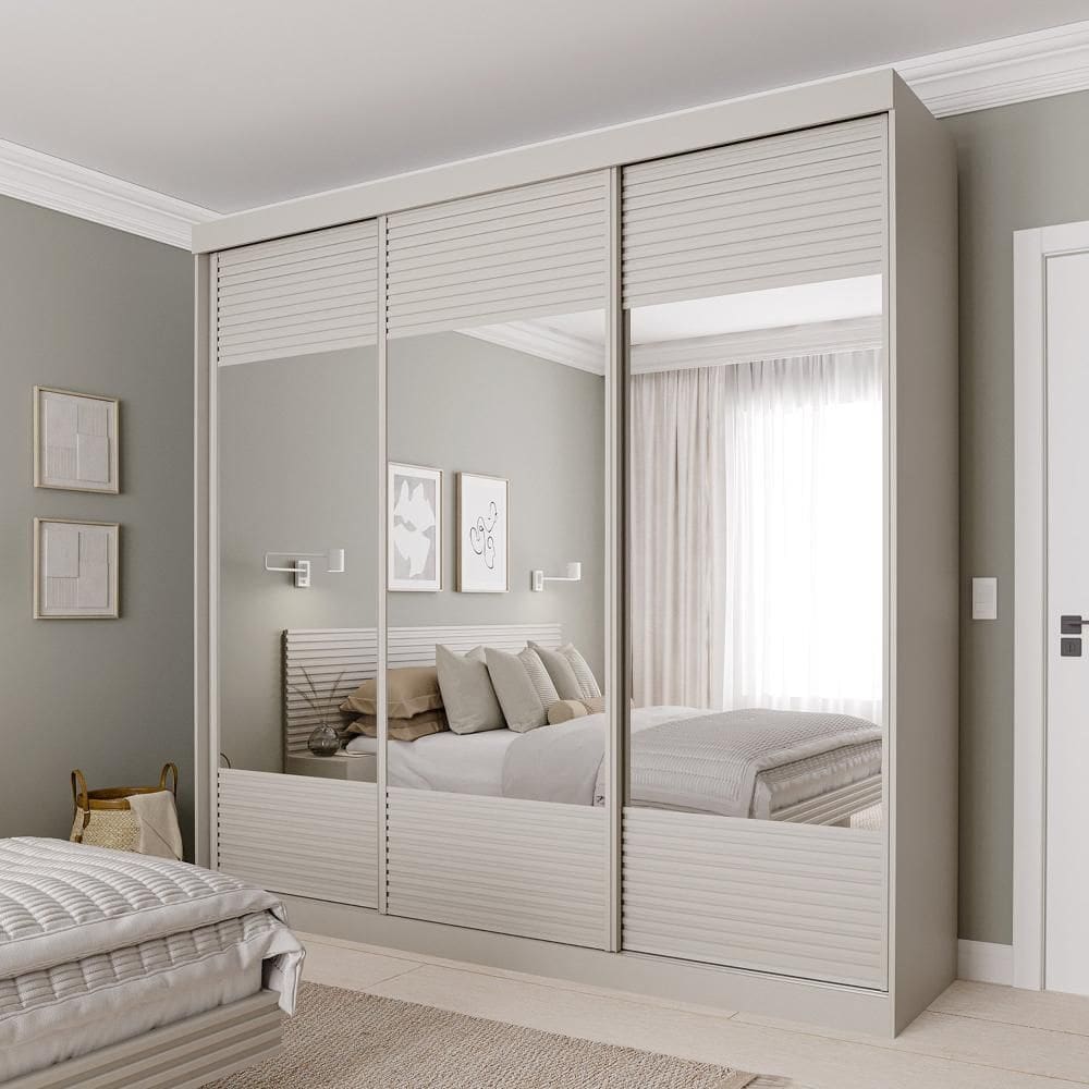 Guarda-roupa Casal 3 Portas de Correr Ripadas com Espelho Samambaia Cabecasa Madeiramadeira Off White