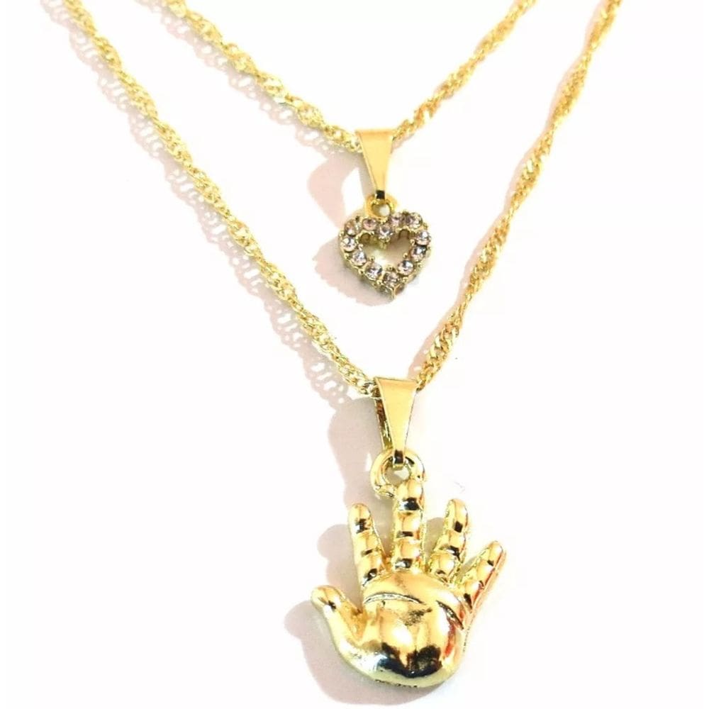 Cordão Colar Duplo Mão Massoterapia Folheado 18k