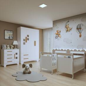 Quarto de Bebê Completo Gêmeos com Guarda-roupa, 2 Berços e Cômoda Gael Branco
