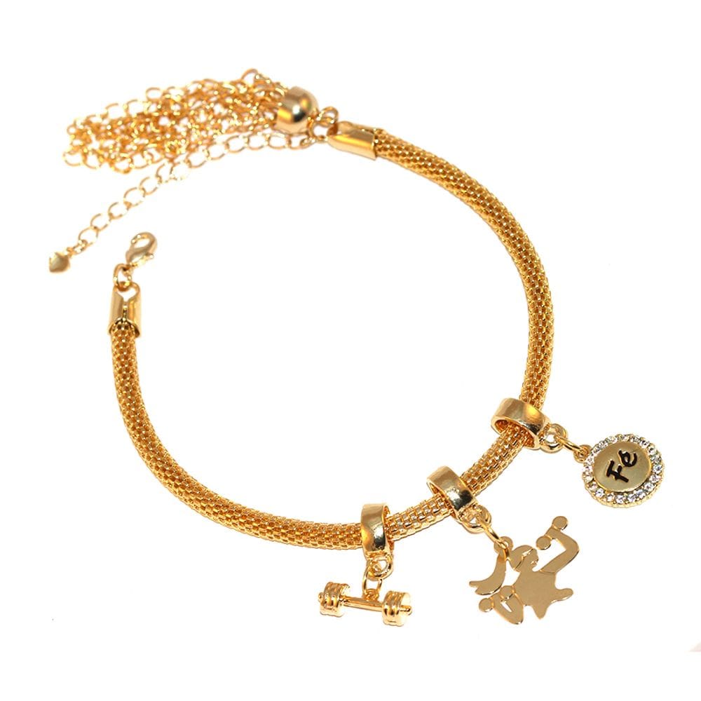 Pulseira Berloque Halter Foco Fé Fitness Folheado Ouro 18k