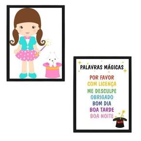 Kit 2 Quadros Infantis Palavras Mágicas 45X34 C/Vidro Preta