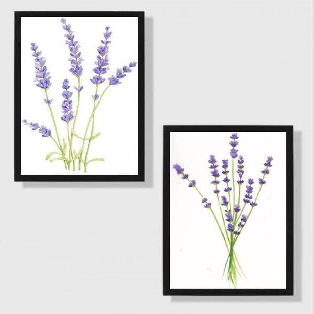 Kit 2 Quadros Ramos Lavanda 45X34 Vidro Preta