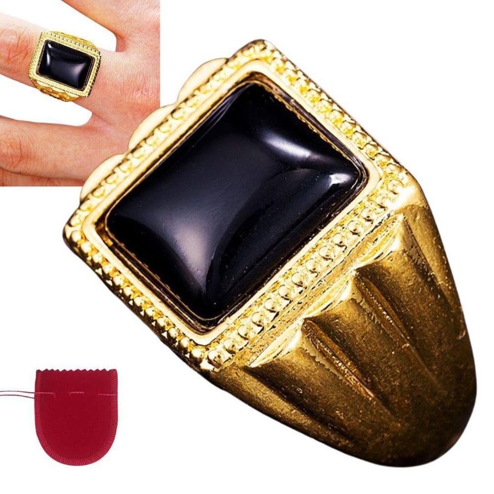 Anel Masculino Dourado Pedra Preta Banhado Regulável