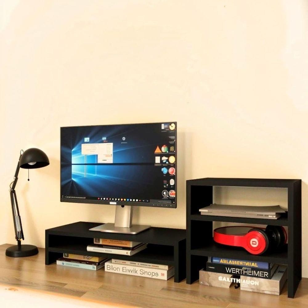 Kit Suporte De Monitor Duplo + Escaninho Organizador Preto