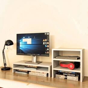 Kit Suporte De Monitor Duplo + Escaninho Organizador Branco
