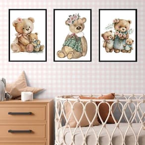 Kit 3 Quadros Quarto Bebê - Ursinha Vintage 33X24Cm