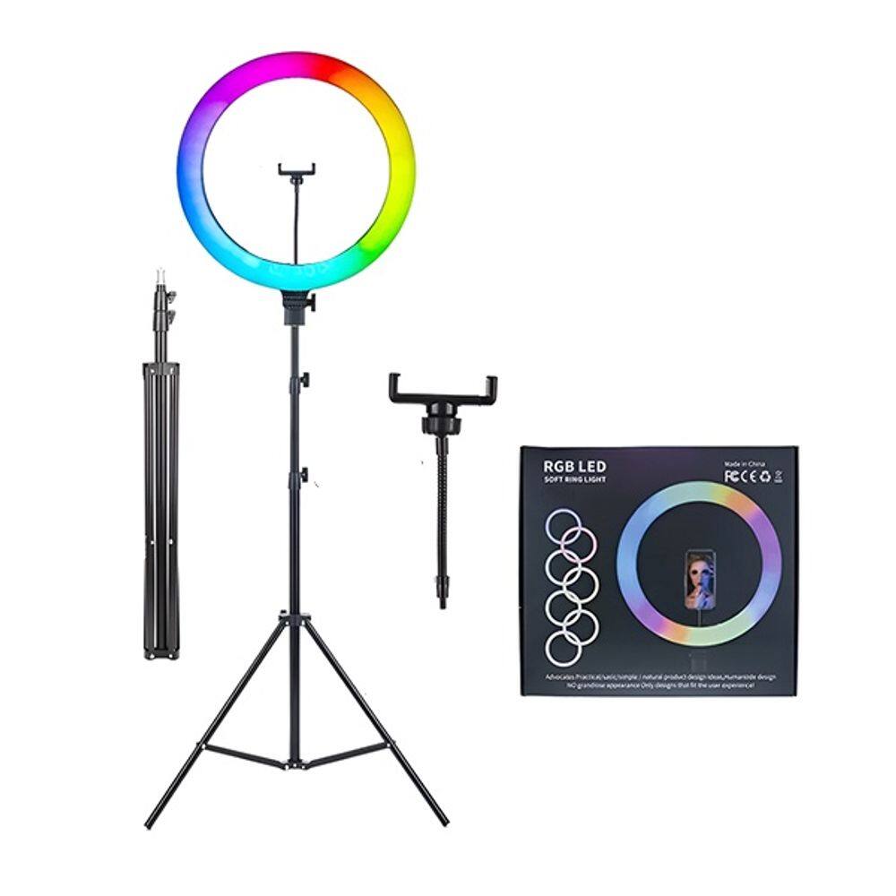 Anel de Luz Ring Light RGB com Tripé Ajustável de 1,6m Luz Colorida para Stream e Fotos