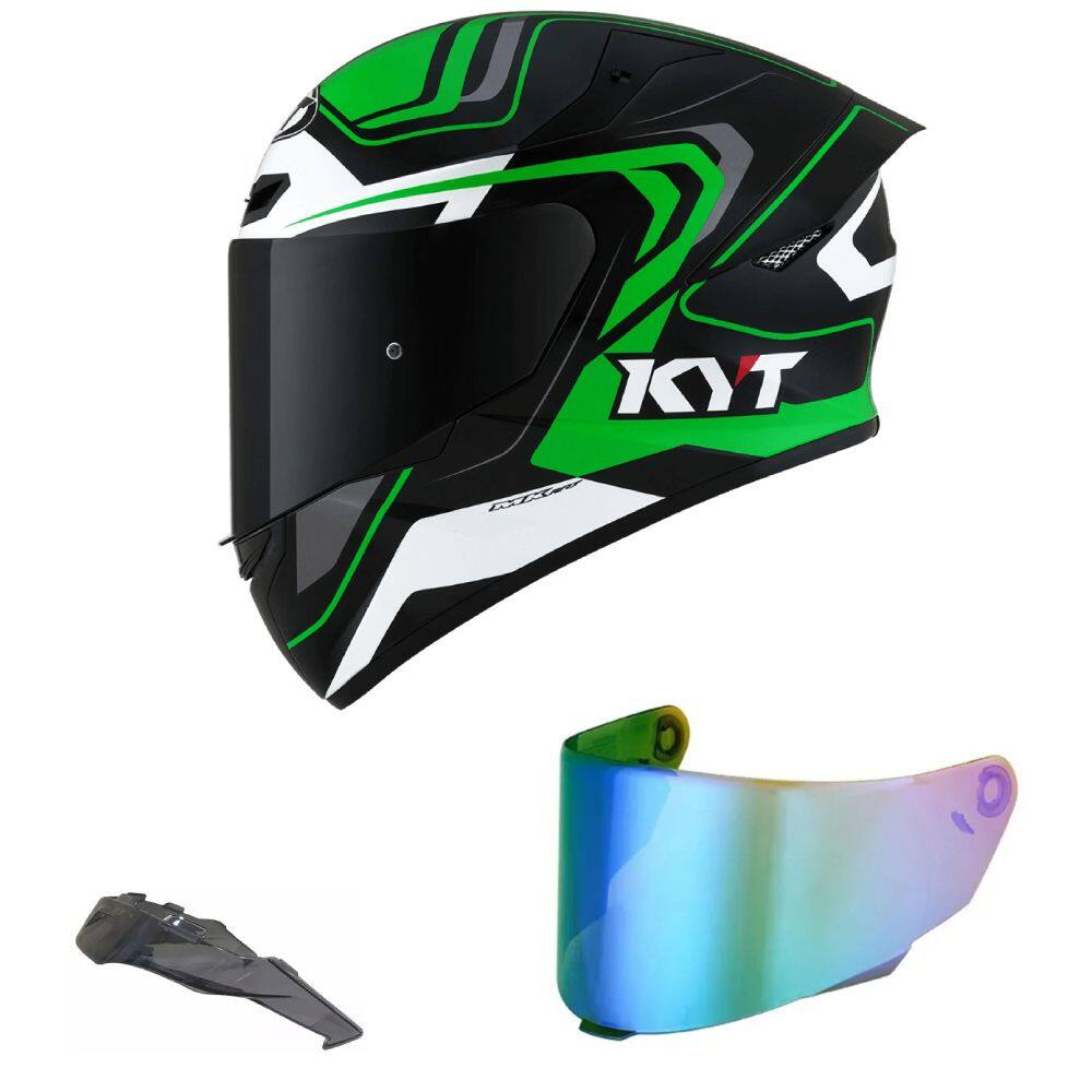Capacete KYT TT Course Overtech Preto e Verde Mais Viseira Camaleão e Spoiler Fumê