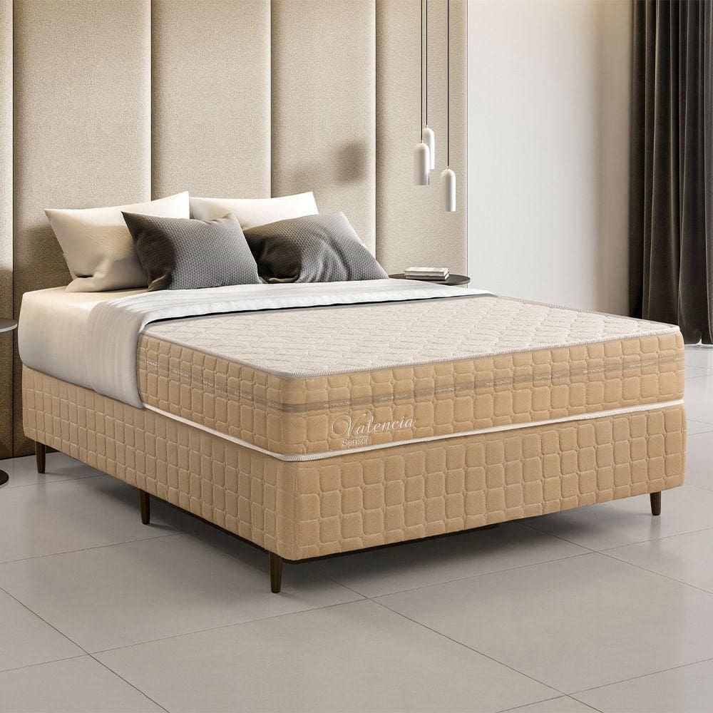 Kit Conjunto Colchão Casal Valência Molas Ensacadas Individualmente + Box Blindado 138x61x188 - Bege