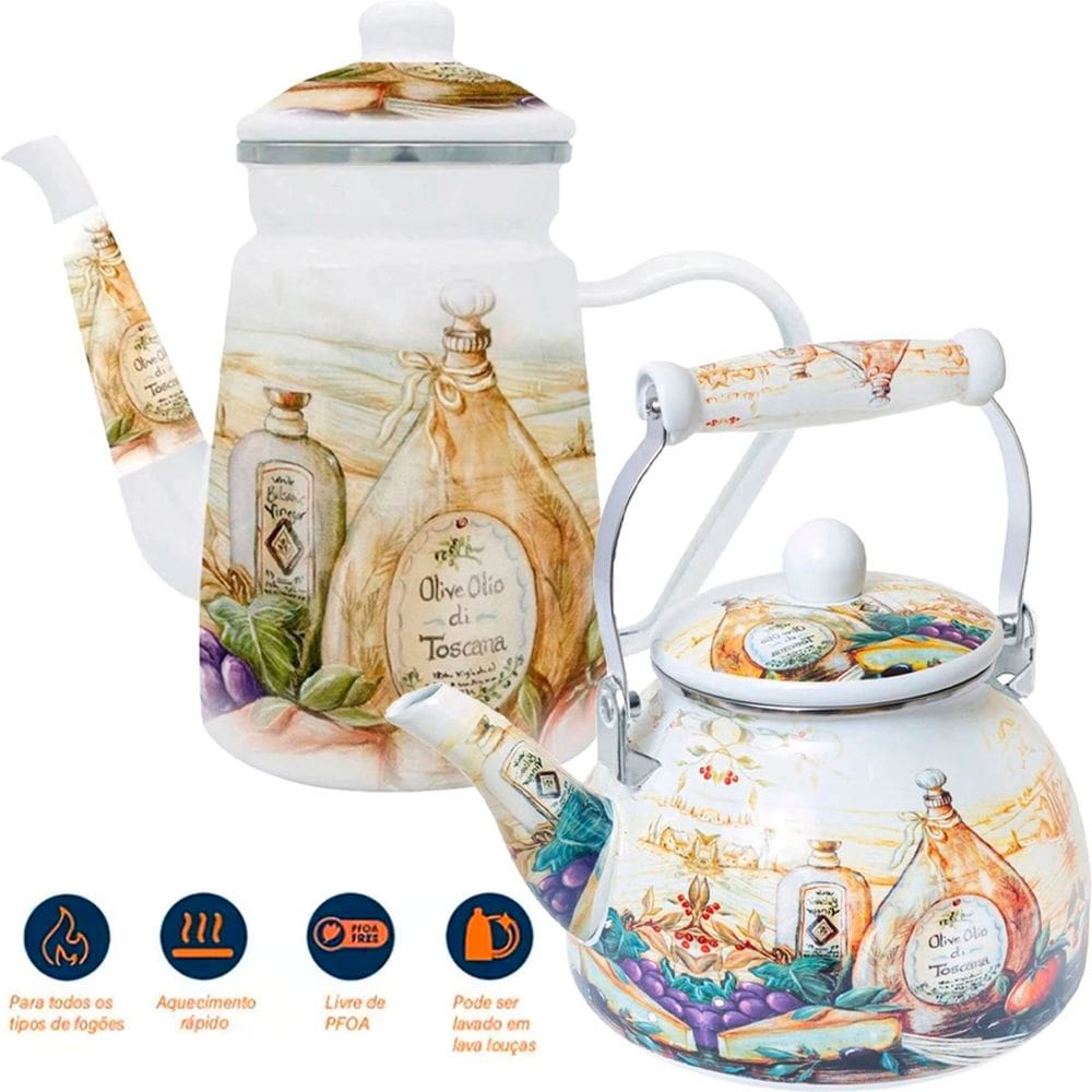 Kit Chaleira 2,5L Bule 1,2L Italy Esmaltados Vintage Indução