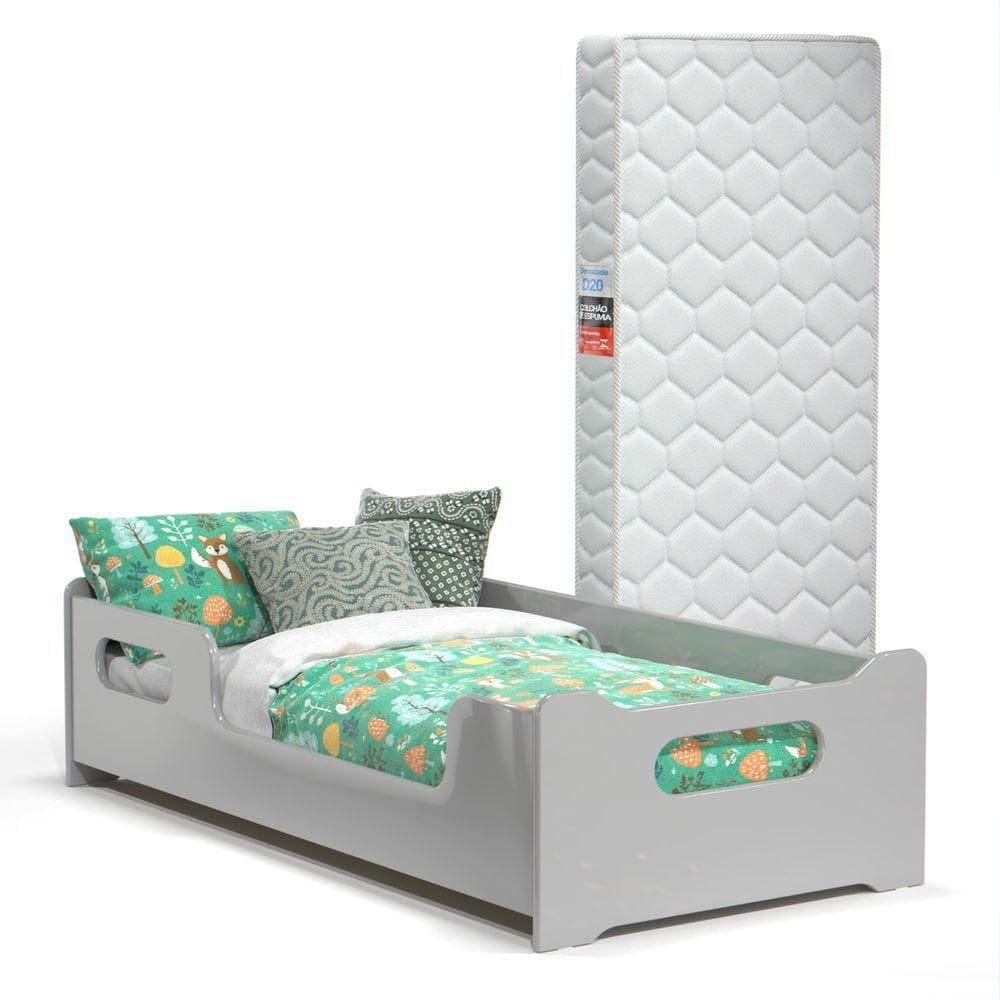 Mini Cama Montessoriana Infantil Com Colchão Juvenil E Proteção Lateral Quarto De Criança Menina E Menino Cinza