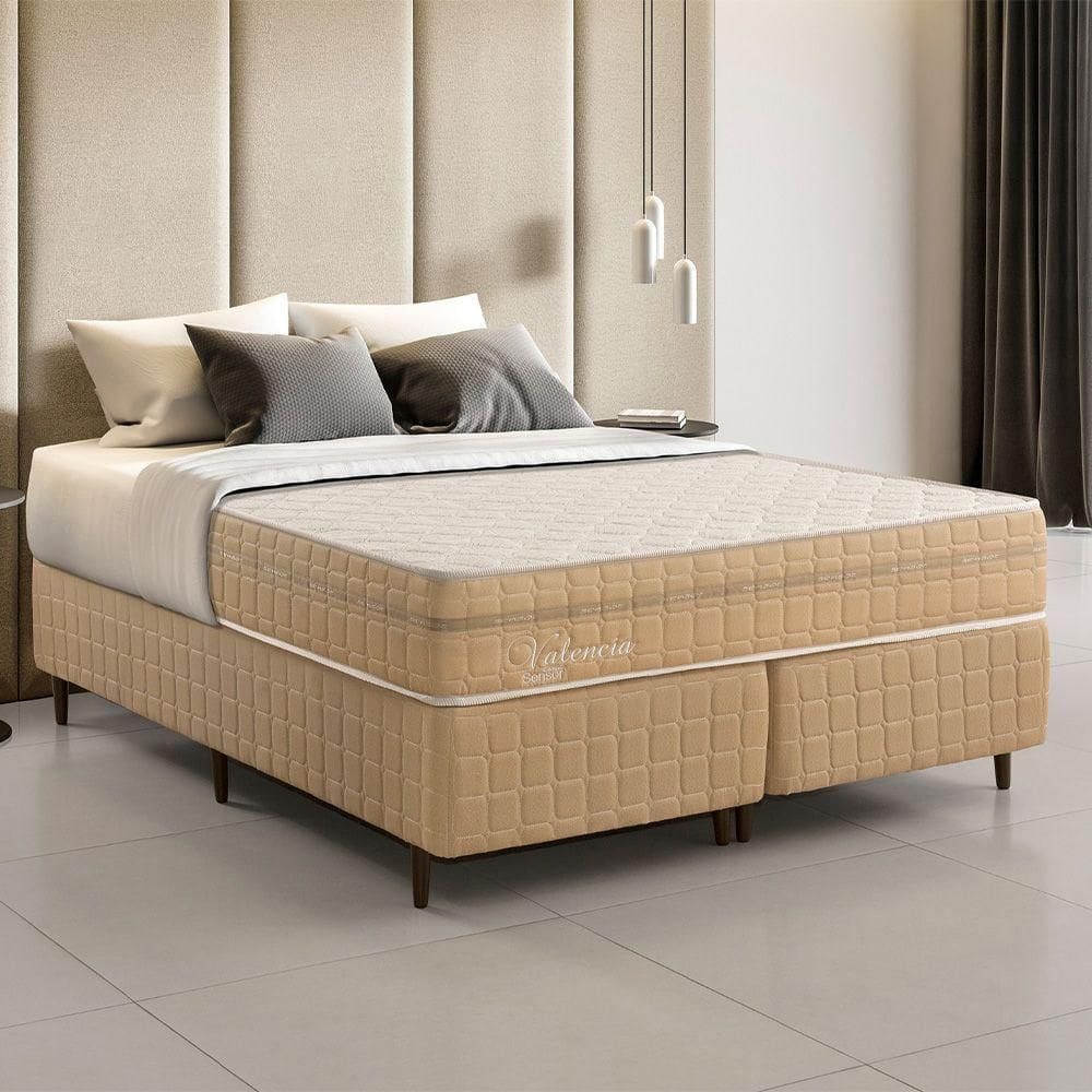 Kit Conjunto Colchão Queen Valência Molas Ensacadas Individualmente + Box Blindado 158x61x198 - Bege