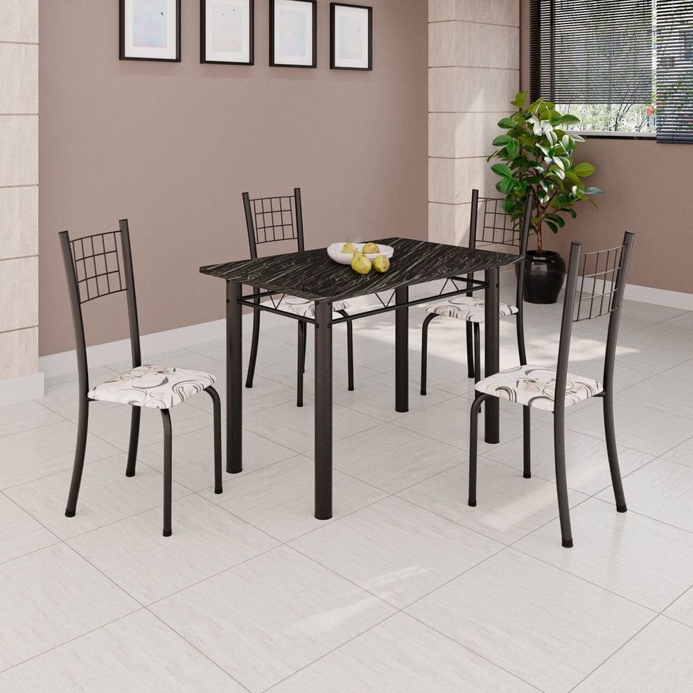 Conjunto de Mesa Tubular 100x60cm com Tampo e 4 Cadeiras Dany Arabesco/Preto