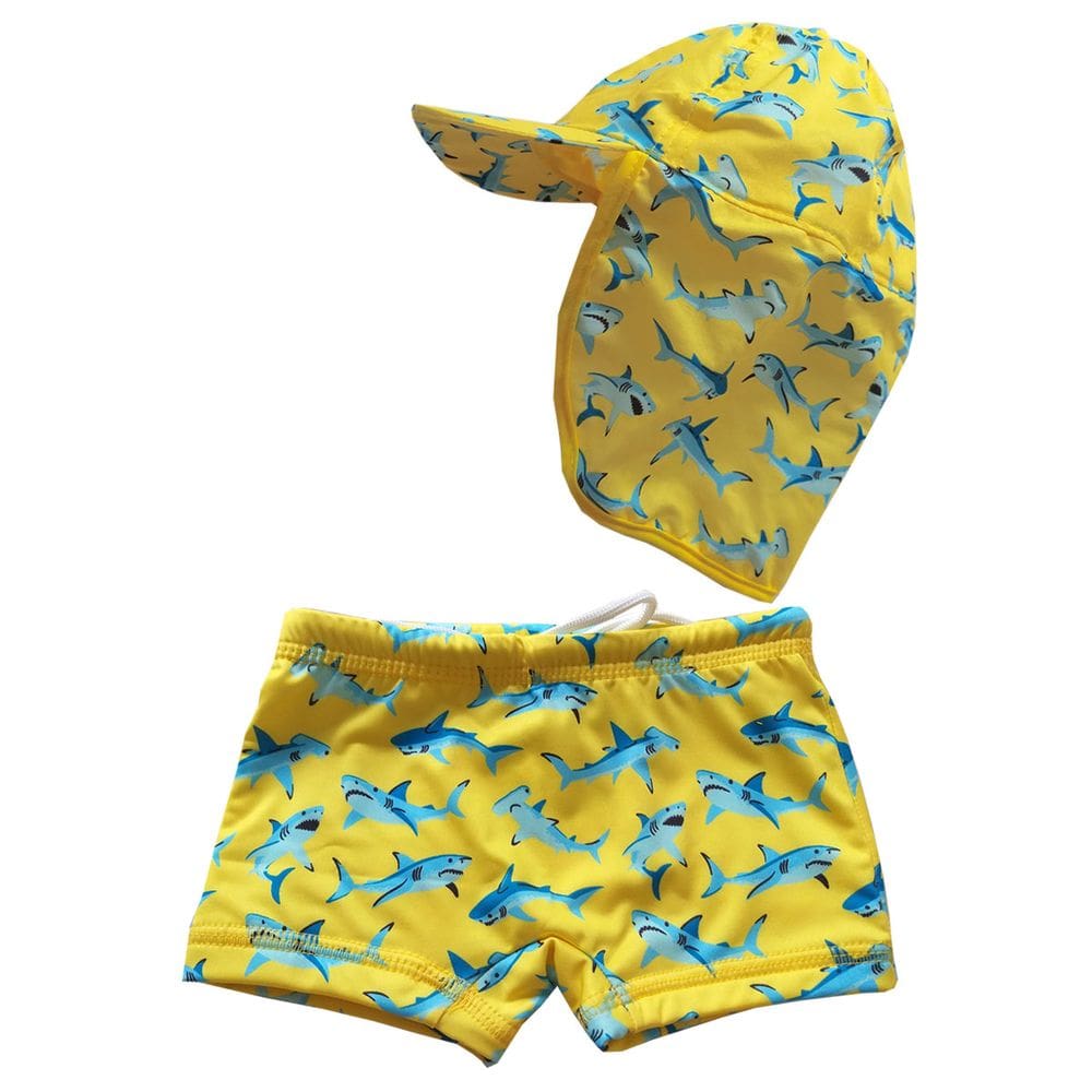 Conjunto Praia Bebê Sunga Boxer e Boné Microfibra Proteção UV Tubarões Amarelo Everly
