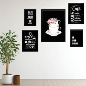 Composição 5 Quadros Café Com Fé - Com Vidro