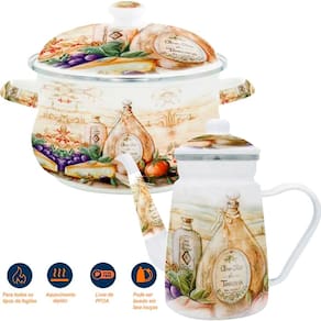 Kit Panela Caçarola Bule Italy Esmaltados À Indução Vintage