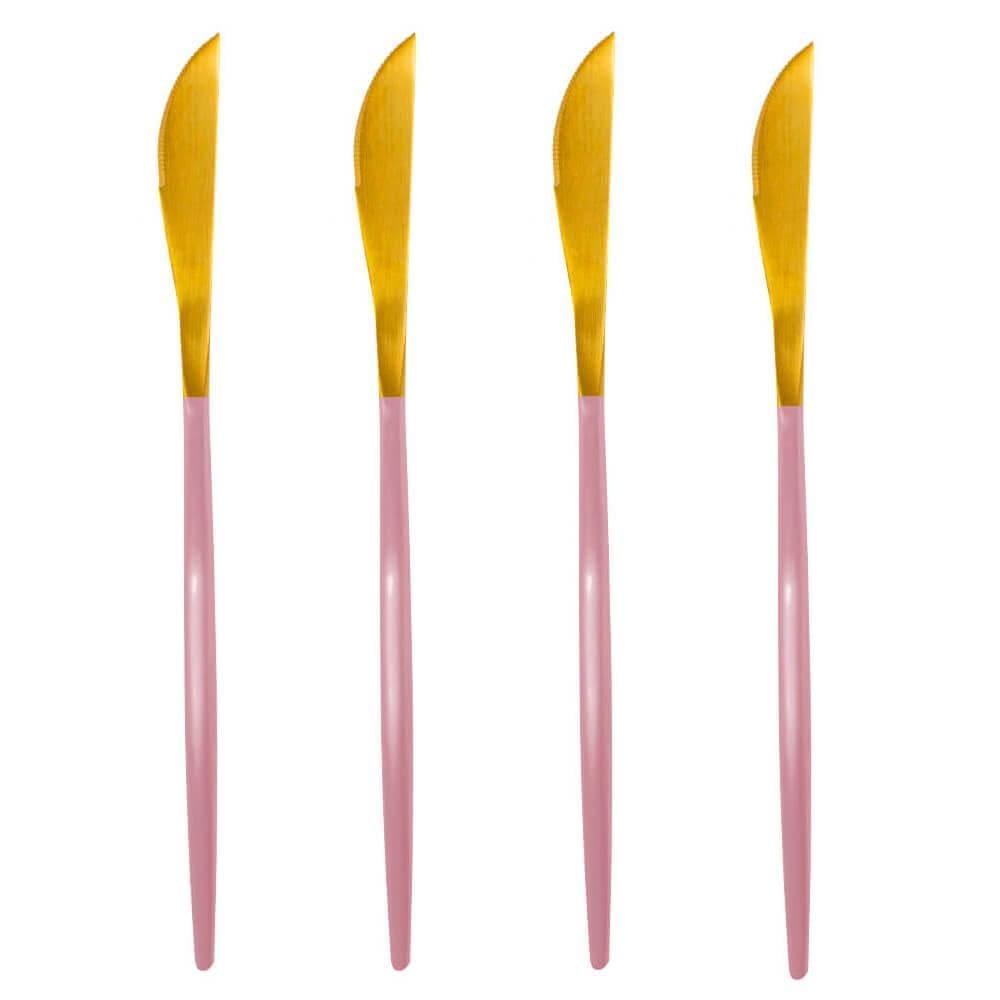 Jogo de Facas de Mesa Inox Dourado e Rosa Lady 4 peças - Casambiente