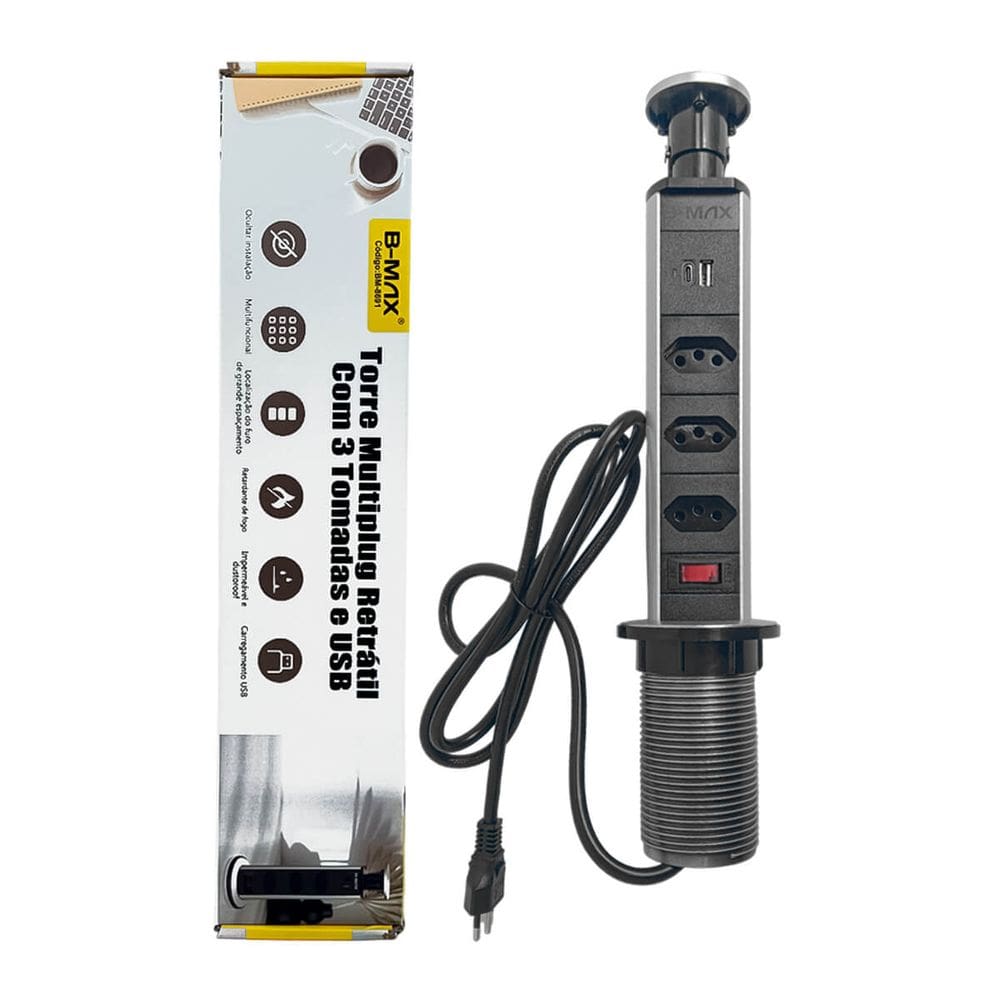Torre Multiplug Retrátil - 4 Soquetes, 3 Tomadas Padrão, 1 Entrada USB 2.1A, 1 Entrada Tipo C - Aterramento, Bivolt 110-250V, Proteção Anti-Choque
