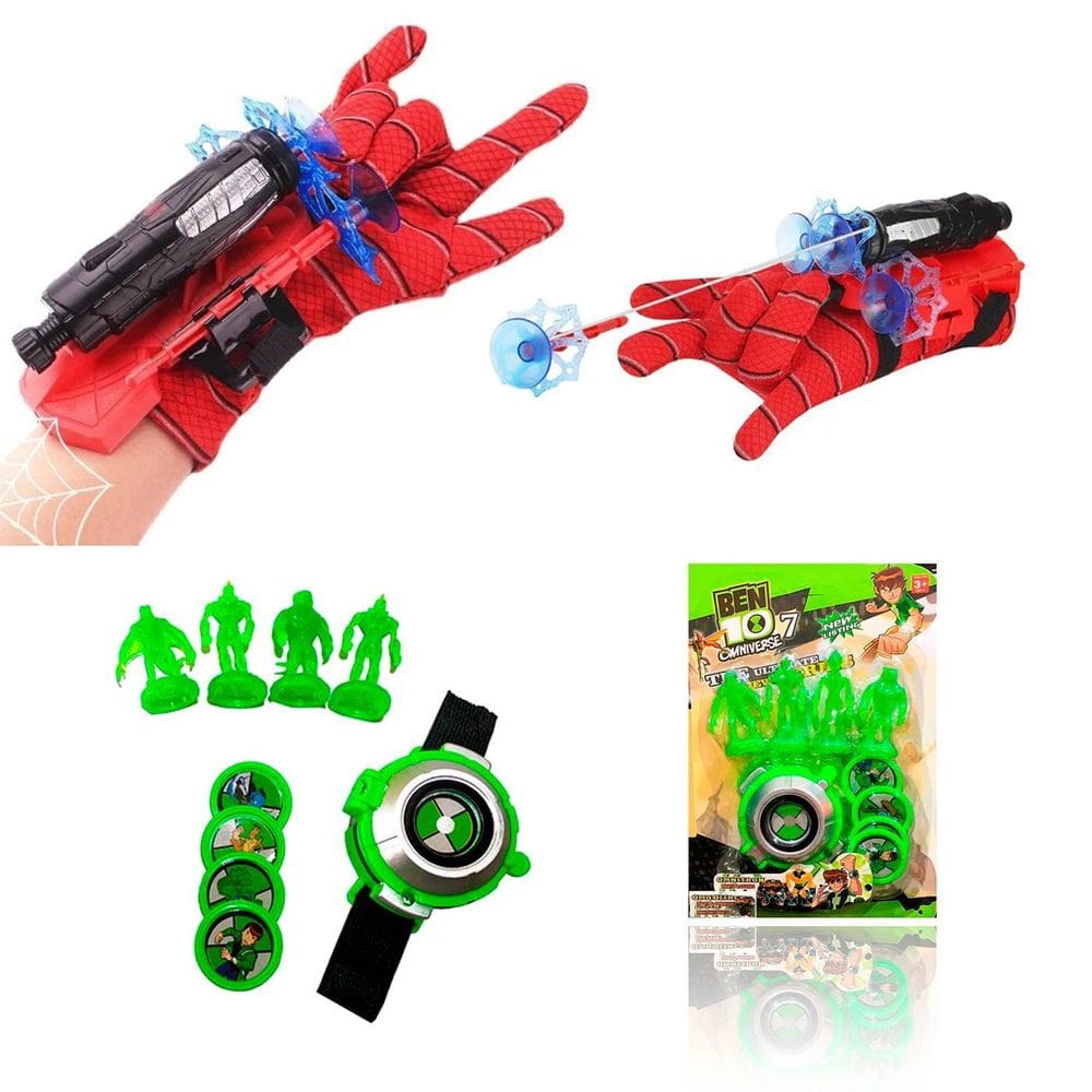 Kit Luva Homem Aranha Com Relógio Ben 10 Omnitrix Lançador
