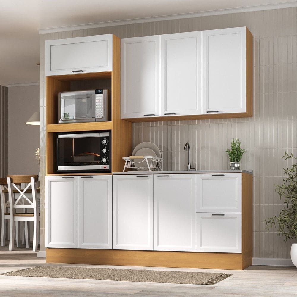 Cozinha Compacta 3 Peças 1 Aéreo 1 Balcão 1 Paneleiro Torre Quente Soho Cabecasa Madeiramadeira Freijó/Branco