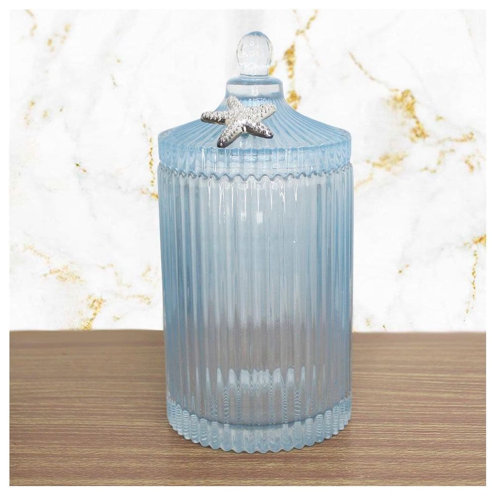 Bomboniere De Vidro Grosso Azul Com Detalhe Em Metal 22cm