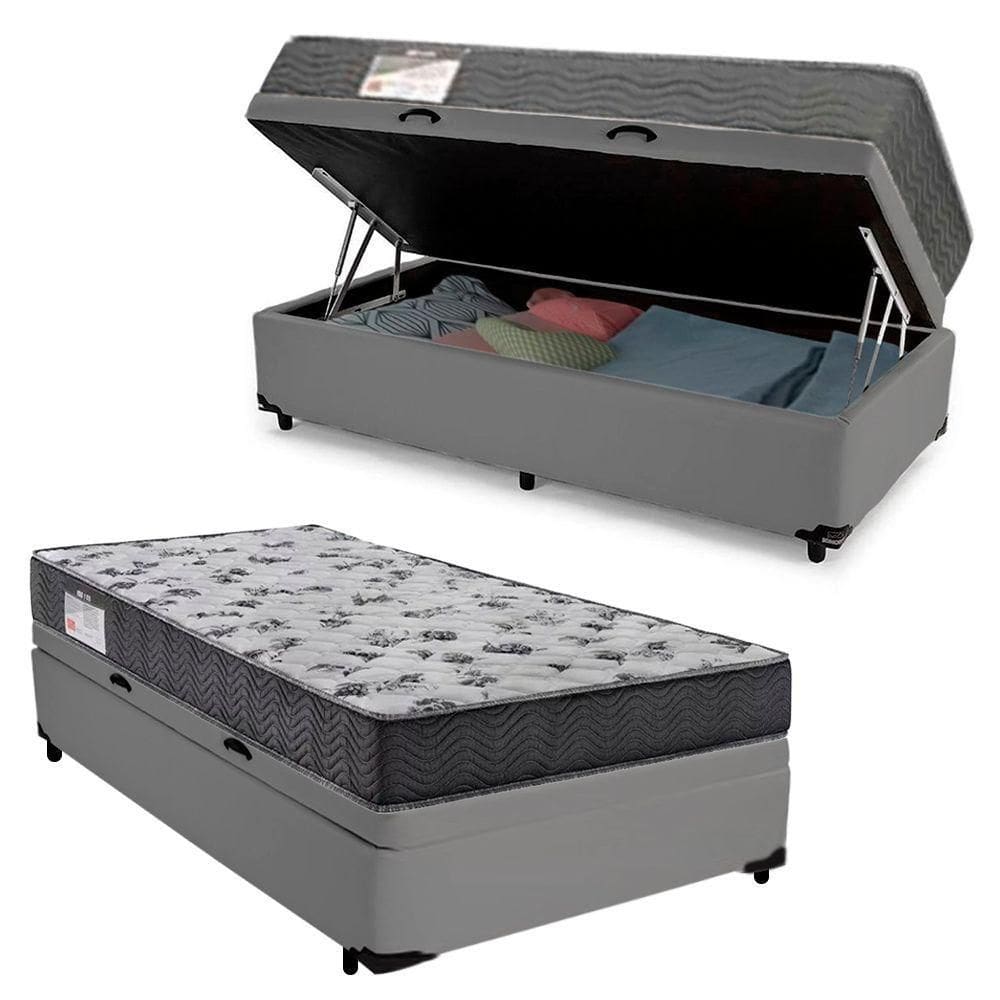 Cama Box Baú Solteiro Sintético + Colchão De Espuma D33 - Serene - 88cm Cinza